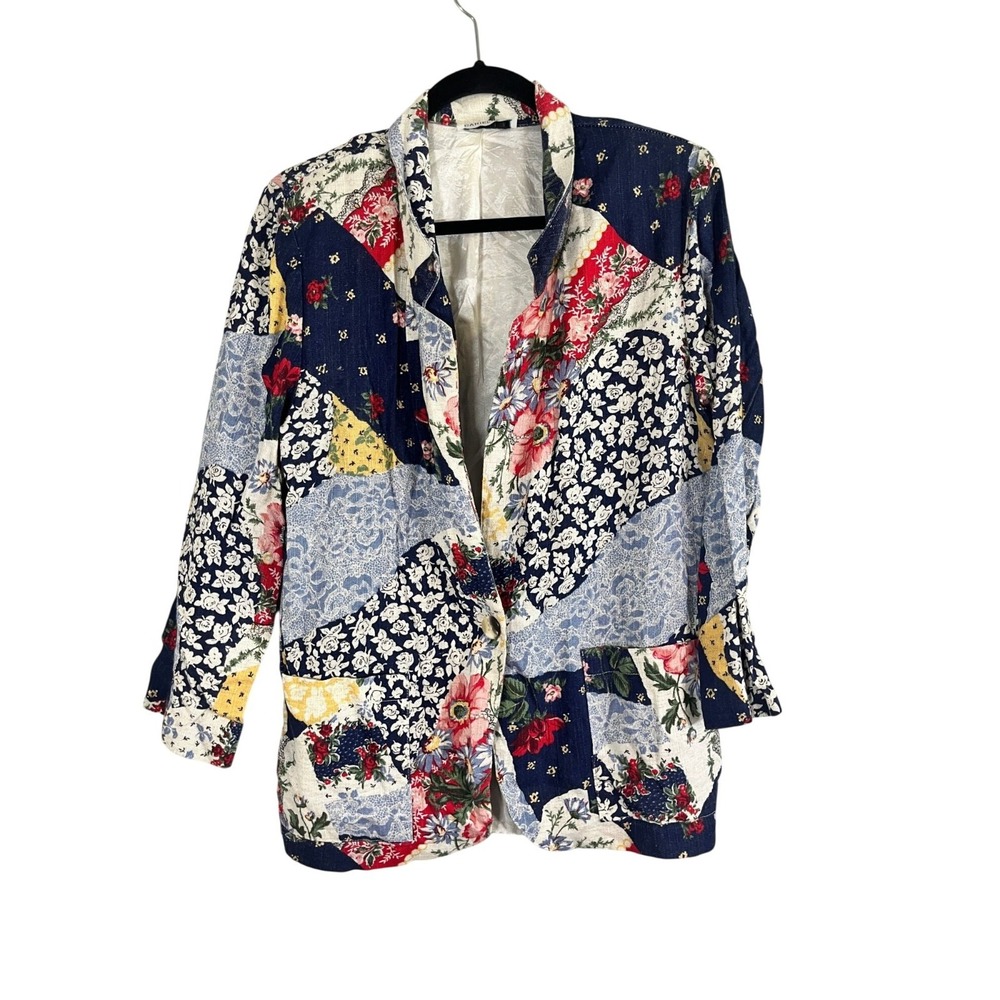 Retro‎ Floral Patchwork Blazer M Colorful Country Farm Western Boho Indie Folk